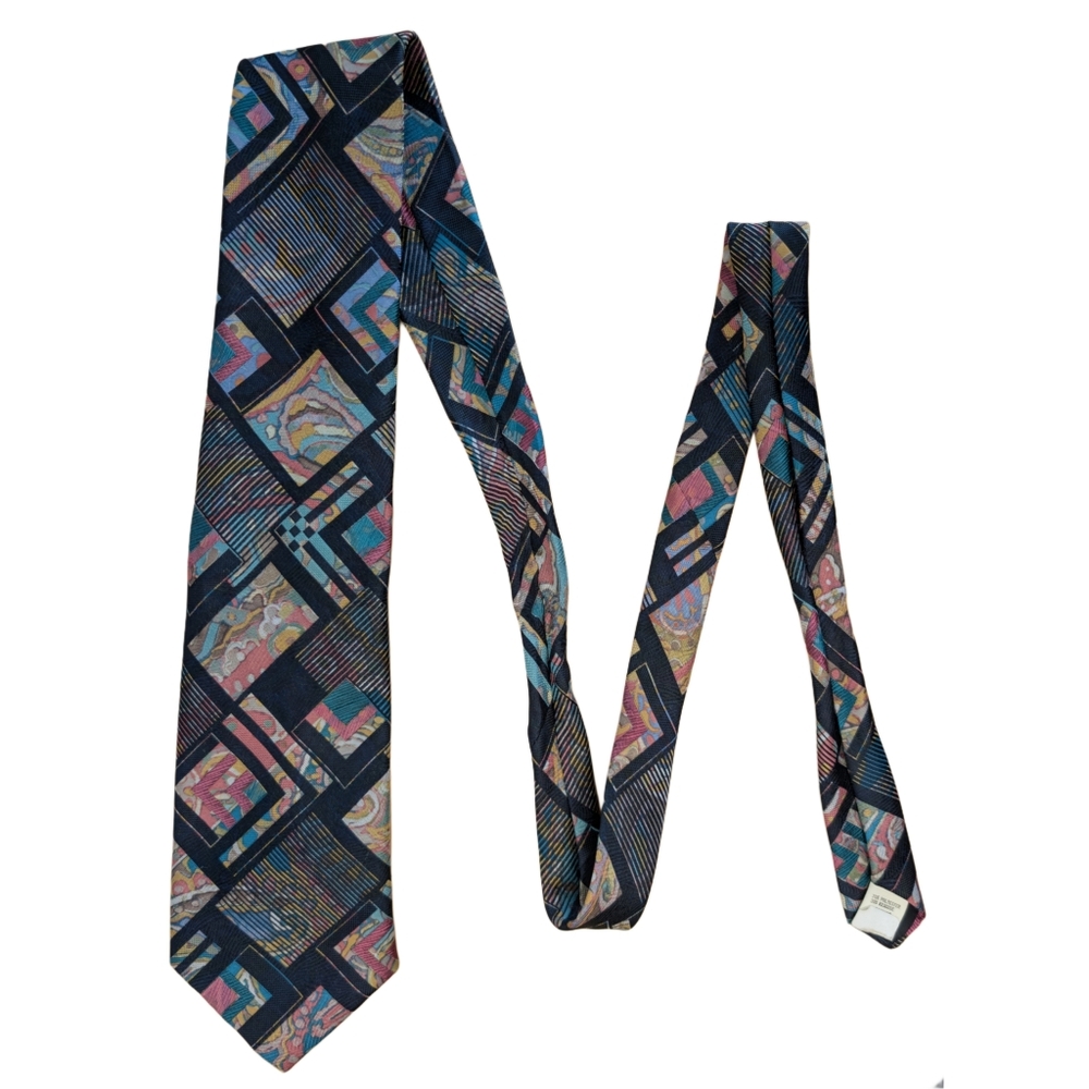 Vintage Vicky Davis Black Marble Jewel Tone Tie 90s office retro patterned